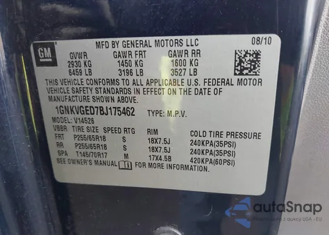 2011 Chevrolet Traverse 1Lt from USA, damaged, VIN 1GNKVGED7BJ175462